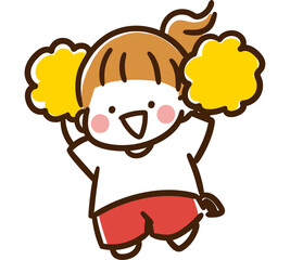 黄色いポンポンを両手にジャンプして応援をする女の子のデフォルメイラスト