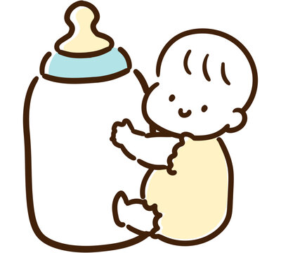 大きな哺乳瓶を抱きしめるかわいい赤ちゃんのデフォルメイラスト