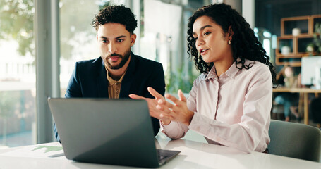 People, talk and meeting with laptop in office for finance report, ideas and investment pitch. Staff, explain and document with team for profit growth, revenue and chart results of financial proposal