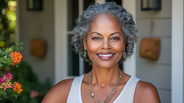 Smiling Senior Woman at Home: A portrait of a happy, mature African-American woman with short gray hair, smiling warmly, standing in front of her house. - Powered by Adobe