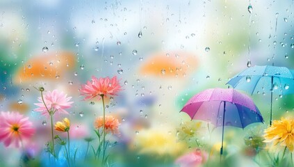 Fototapeta premium Colorful flowers and umbrellas seen through rainy window