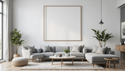 Contemporary living room interior with blank vertical frame, cozy gray furniture, and minimal decor in creative style on white background