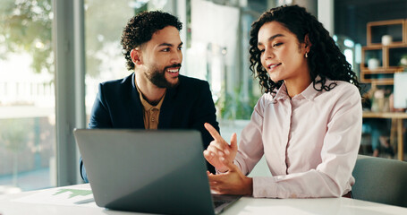 Smile, people and meeting with laptop in office for finance report, ideas and investment pitch....