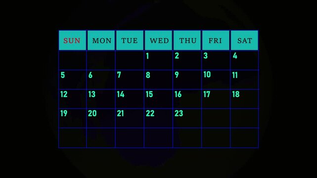 The calendar 9th day of the month is yellow circled ,Calendar interface with highlighted dates and event icons, looped animation.