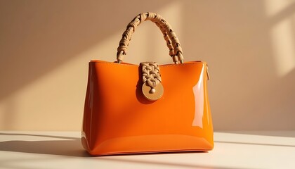 Orange glossy handbag with braided handle on beige background