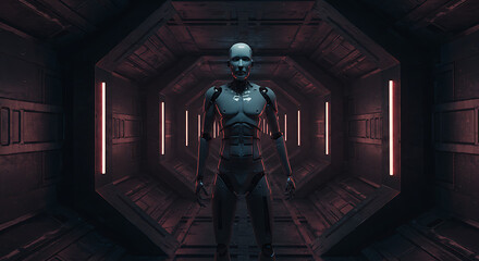 A futuristic robot stands in a dark, glowing corridor.