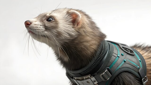 custom pet portrait surreal concept Futuristic animal illustration featuring a ferret in a sleek harness. - Powered by Adobe