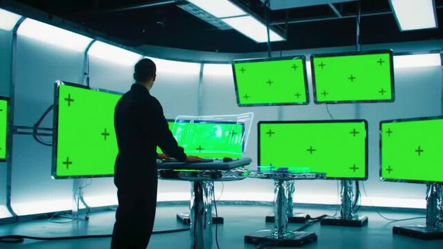 4K Video of a Cinematic Futuristic Digital Studio with Glowing Solid Green Screen Displays - High-Tech Stock Video for Creative Projects