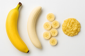 Fresh banana whole peeled sliced pureed vibrant yellow tropical sweet healthy organic fruit food isolated on white background