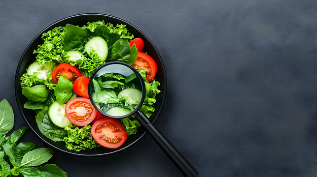 The nutritional label of a nutritious salad bowl is magnified by a magnifying glass, signifying food awareness and facts.

