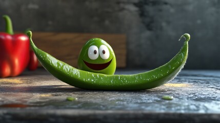 Smiling green bean on a counter
