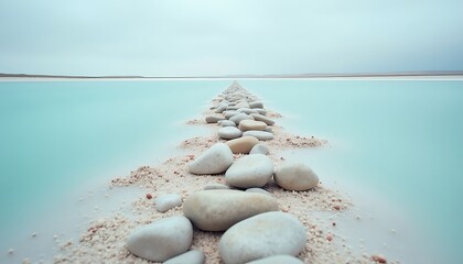 Row of smooth white stones stretching across calm turquoise lake under cloudy sky