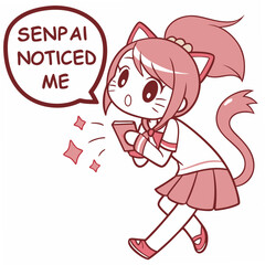 
Cute anime girl with cat ears and speech bubble “Senpai Noticed Me”, vector, white background.