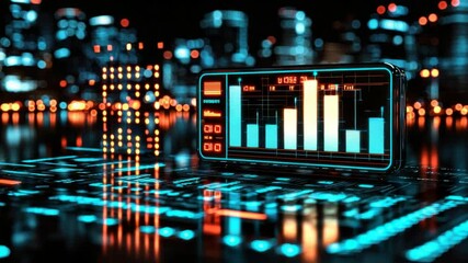 Futuristic interface displaying financial data with a city skyline in the background - Powered by Adobe