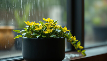 Rainy Day Blooms Yellow Flowers in a Pot by the Window