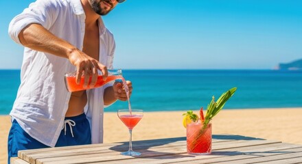 Man Pouring Pink Cocktail on Beach with Tropical Drink and Ocean View