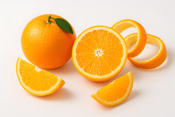 Fototapeta premium Fresh oranges whole sliced peeled vibrant citrus sweet healthy fruit isolated on white background