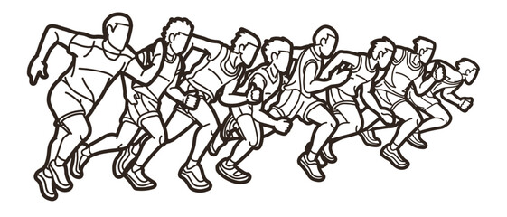 Outline Group of People Start Running Men Runner Together Marathon Running Cartoon Sport Graphic Vector