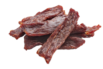 Flaying beef jerky featuring piles of dried meat isolated on a transparent white background for culinary exploration and snack ideas