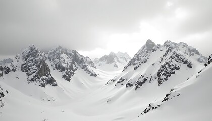 Snow covered jagged mountain peaks under cloudy sky with soft light