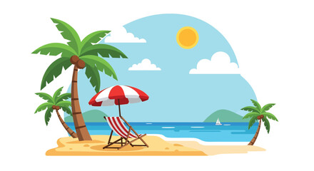 Adobe Illustrator Artwork Flat vector illustration of a vibrant summer beach scene with palm trees, a sunny sky, and a relaxing beach chair. Perfect for summer holiday promotions	