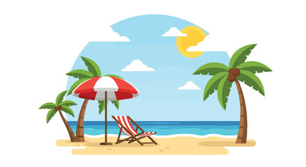 Adobe Illustrator Artwork Flat vector illustration of a vibrant summer beach scene with palm trees, a sunny sky, and a relaxing beach chair. Perfect for summer holiday promotions	