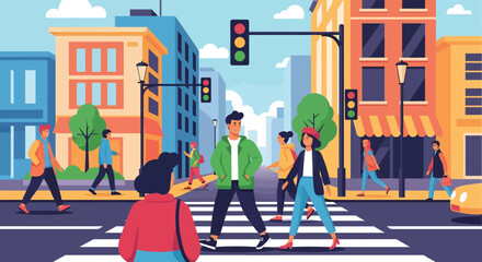 Adobe illustrator vector arwork of A vibrant, flat-style illustration depicts a city street scene with pedestrians crossing at a zebra crossing under traffic lights © meeblues
