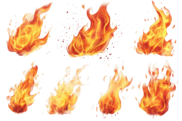 Collection of realistic fire flames isolated on transparent background for graphic design and creative projects or illustrations
