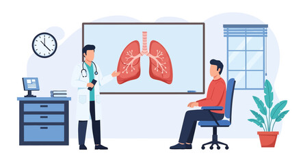 Adoe illustrator flat style vector artwork of Doctor explaining lung health to a patient in a medical office. Illustration of a consultation about respiratory system