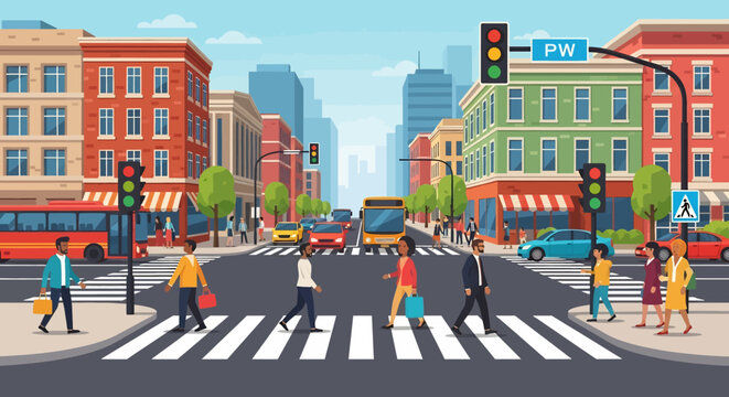 Adobe illustrator vector arwork of A vibrant, flat-style illustration depicts a city street scene with pedestrians crossing at a zebra crossing under traffic lights