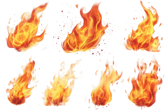 Collection of realistic fire flames isolated on transparent background for graphic design and creative projects or illustrations - Powered by Adobe