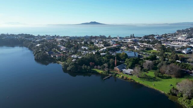 Scenic Drone Shot of Takapuna, Lake Pupuke and Rangitoto Island in Auckland, New Zealand