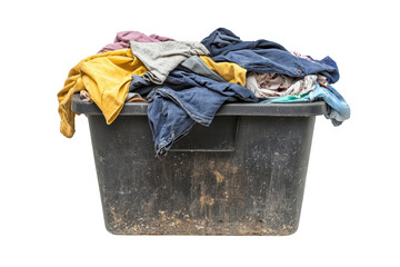 Pile of dirty laundry overflowing from a black bin on a white background showcasing various colors and fabrics with a cluttered appearance