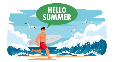 Adobe illustrator Flat style vector illustration of a man running towards a large wave with his surfboard, exclaiming for summer holiday surfing fun	