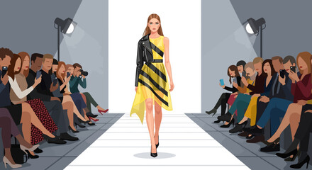 Glamorous vector illustration: A confident fashion model walks the runway in a stylish dark suit and sunglasses, illuminated by a bright spotlight, as an audience of photographers captures the moment