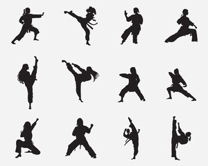 karate women excercise style vector silhouette collection.young girl martial art action black shadow clipart isolated on background