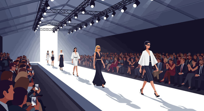 
Adobe illustrator artwork vector illustration of a vibrant fashion show with models showcasing diverse, stylish dresses on a brightly lit runway, surrounded by an appreciative audience