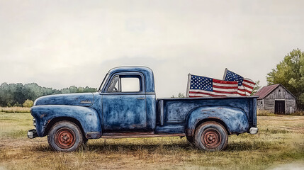 Watercolor painting of a blue vintage truck with american flags