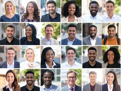 Global Faces: A vibrant grid showcases a diverse array of portraits of smiling individuals, radiating positivity and inclusivity, capturing the essence of unity and representation.