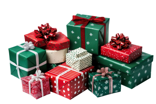 Colorful green and red Christmas gift boxes arranged together for holiday celebrations and festive decorations