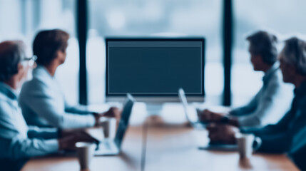 Strategic Meeting: A focused group of professionals engages in a productive discussion, leveraging advanced technology to enhance their collaborative efforts.