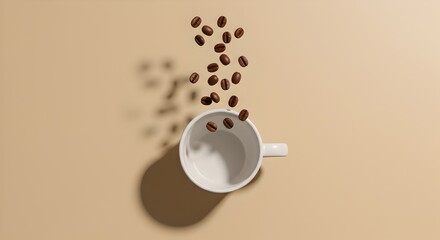 Floating coffee beans above centered cup on soft beige background with shadows, styled for premium simplicity.