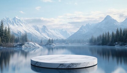Obraz premium Marble circle podium on tranquil winter lake, mountains backdrop