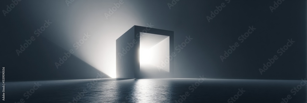 Poster spinning cube reveals bright light in a dark environment, creating an ethereal contrast and inviting