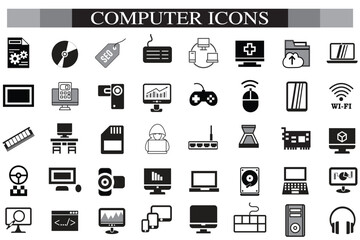 Computer icon set. Computer, network, website, server, web design, monitor, smartphone, tablet and laptop and programming, icons vector collection.