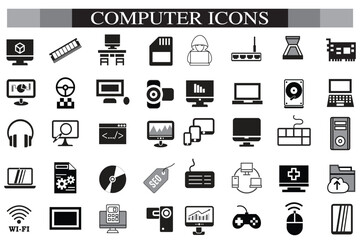 Computer icon set. Computer, network, website, server, web design, monitor, smartphone, tablet and laptop and programming, icons vector collection.