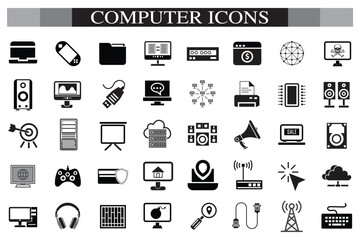Computer icon set. Computer, network, website, server, web design, monitor, smartphone, tablet and laptop and programming, icons vector collection.