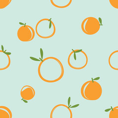 Seamless pattern of orange with green leaves on green background vector. Cute fruit print.