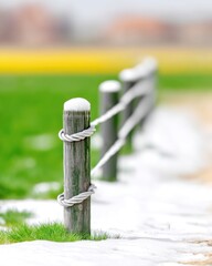 Wooden Fence Posts and Rope in a Snowy Field