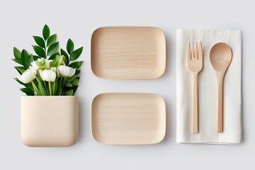 Wooden Utensils and Plates Flatlay with Flowers